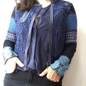 Elie Tahari Blue Lace Bomber Jacket Cropped Size M